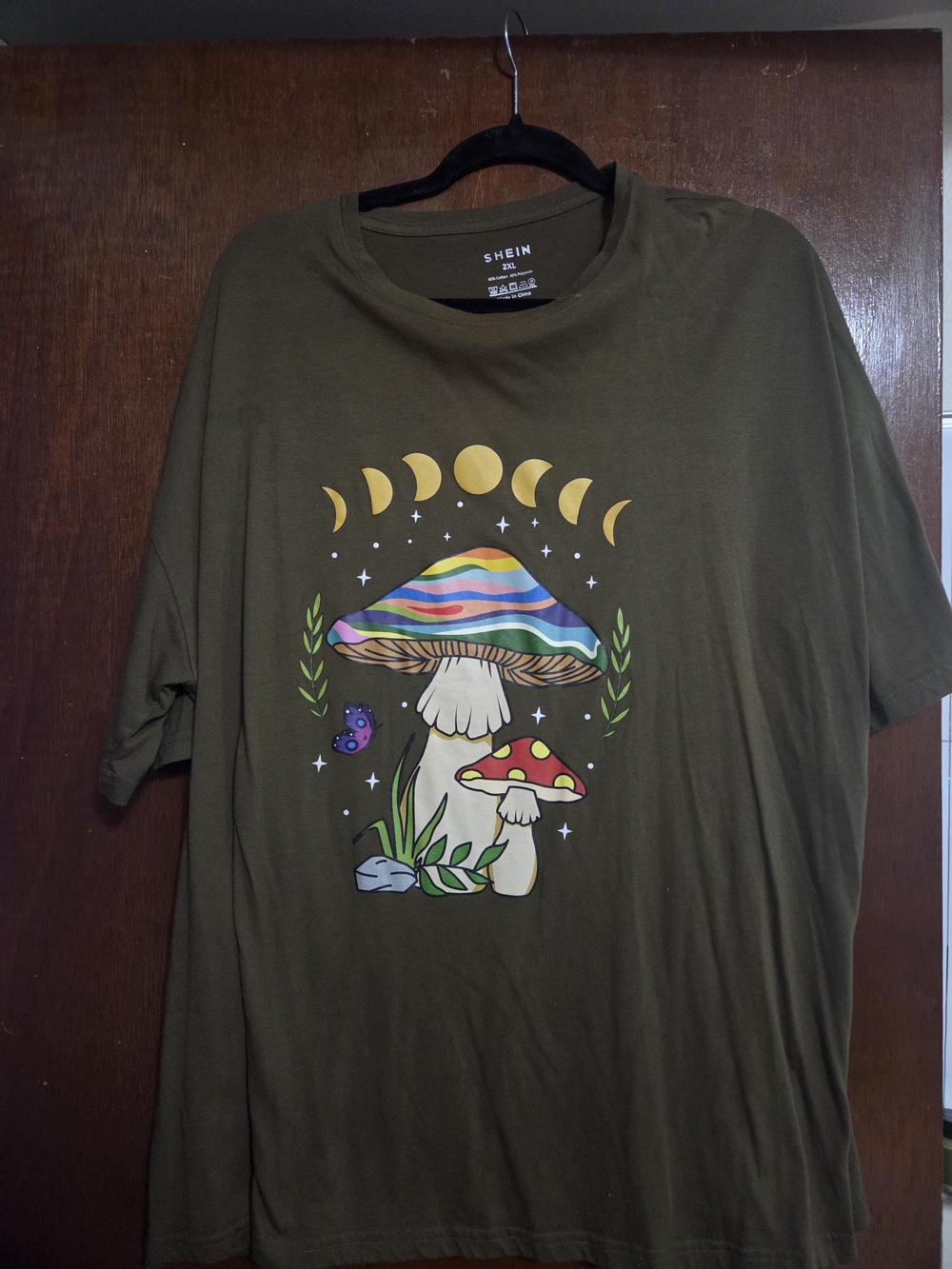 SHEIN Green Mushroom Moon  Crew Neck Drop Shoulder Short Sleeve T-Shirt 2XL